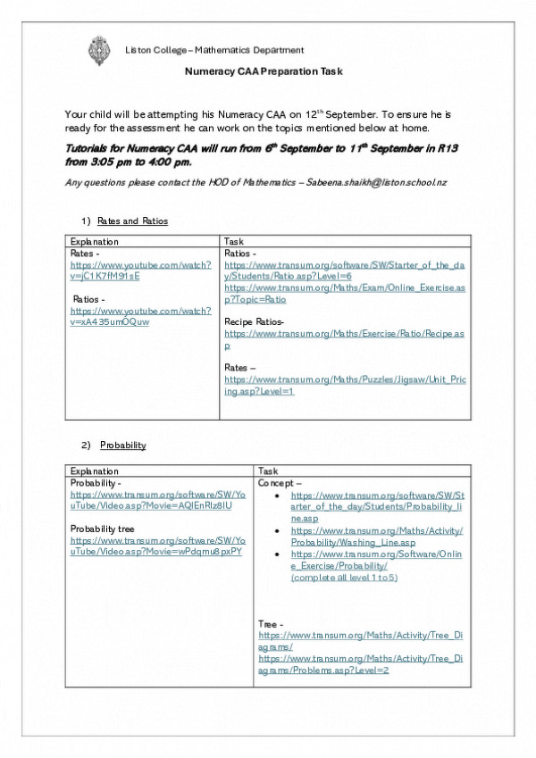 Numeracy Caa Preparation Tasks